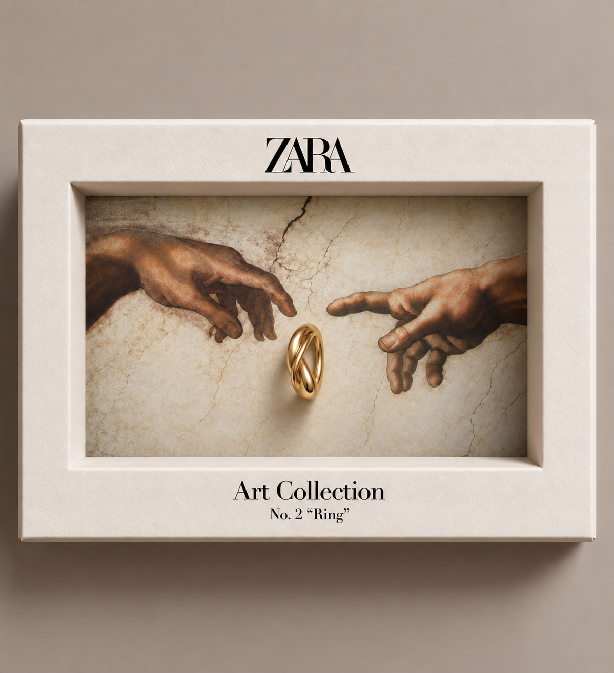 Packaging horizontal Art Collection inspirado en La creación de Adán y un anillo
